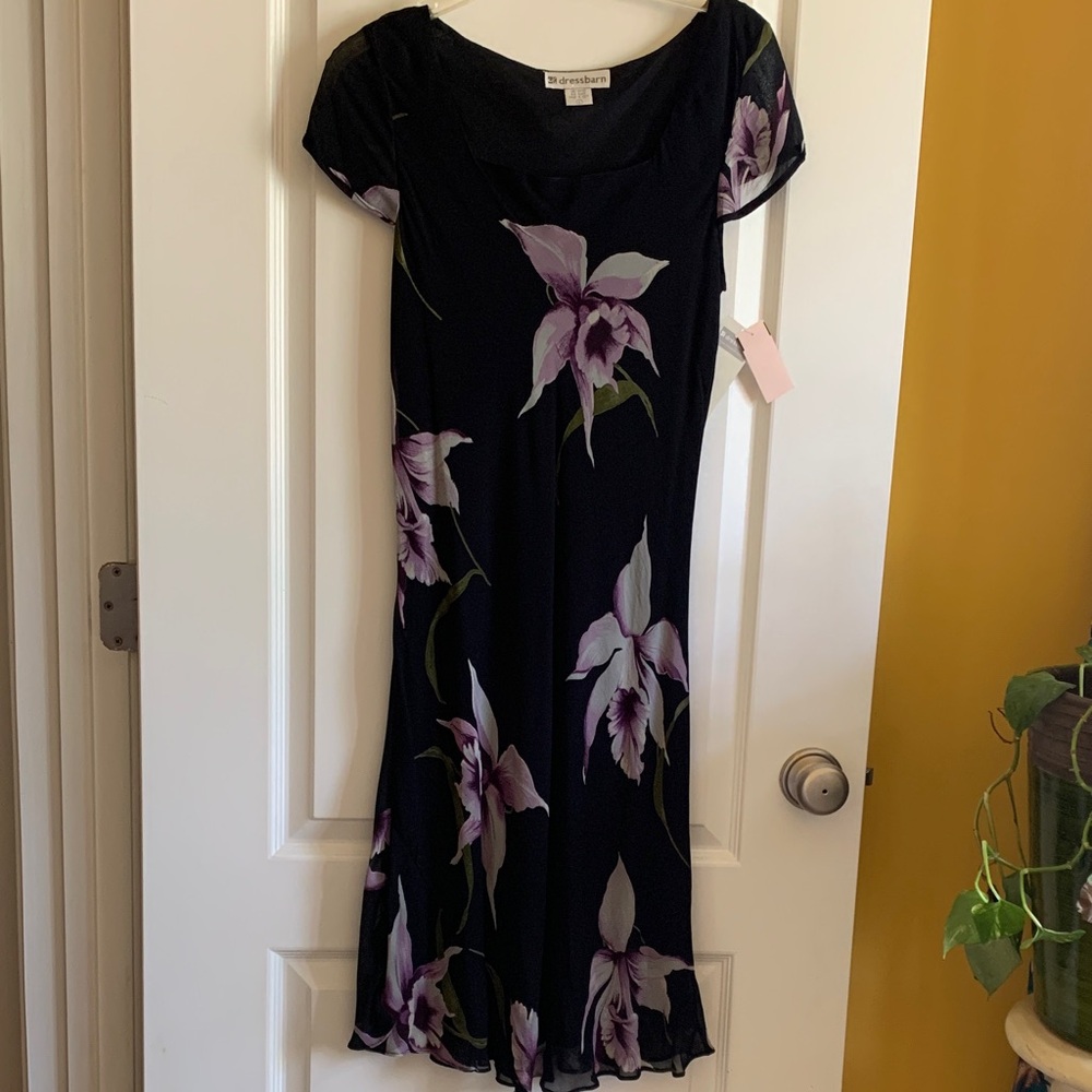 dressbarn Black Maxi Dress with Lavender Floral Print